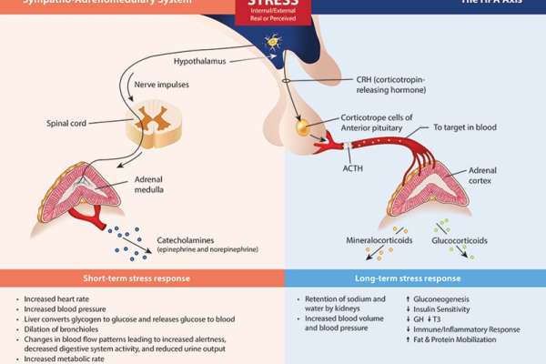 Image showing the Sympatho-adrenomedulary system's role in short term stress response and the HPA axis role in long-term stress response